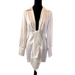 NEW TOPSHOP NORDSTROM Cream Twist Front Satin Mini Shirt Dress Size 6